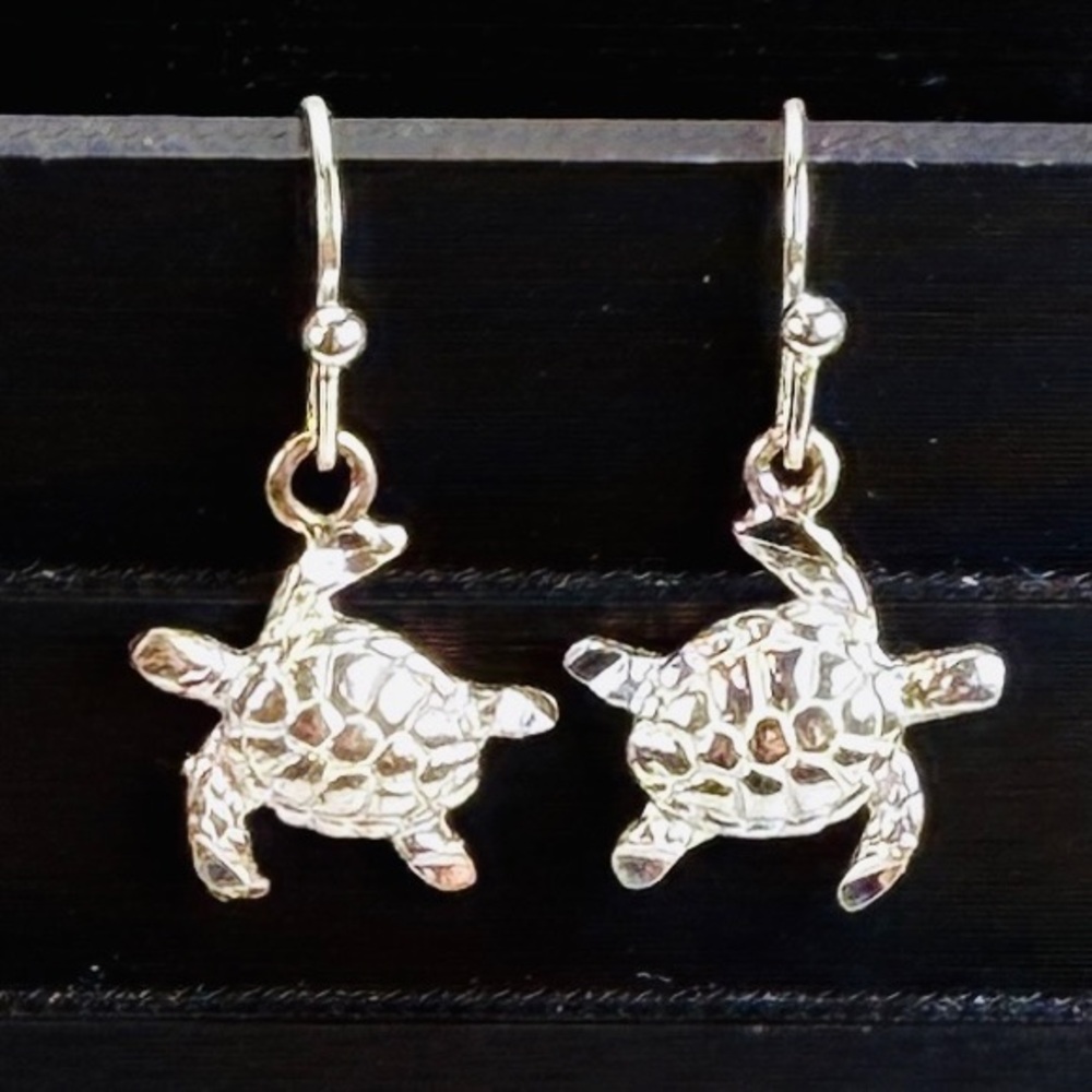 Dainty Silvertone Turtle Dangle Pierced Earrings - image 2
